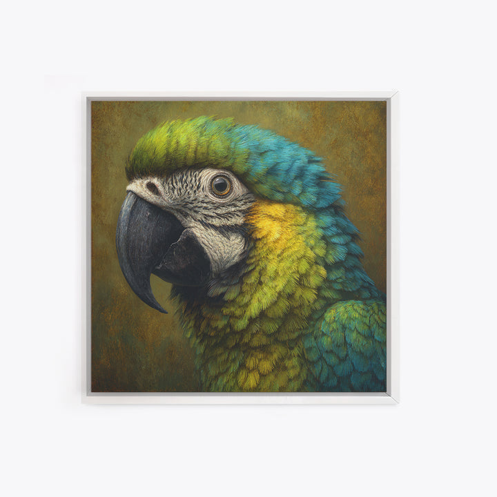 Parrot Portrait with Emerald Feathers Framed Canvas Print, Tropical Art, Printable, Living Room Decor, Fine Art, Tropic, TRO-1x1-8