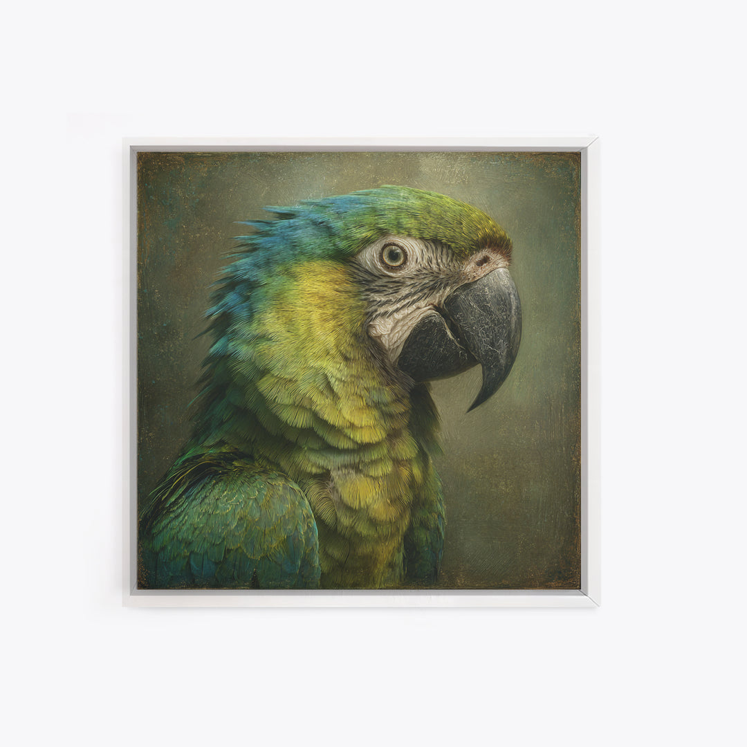 Parrot Portrait with Emerald Feathers Framed Canvas Print, Tropical Art, Fine Art Print, Living Room Decor, Oil Painting, TRO-1x1-80
