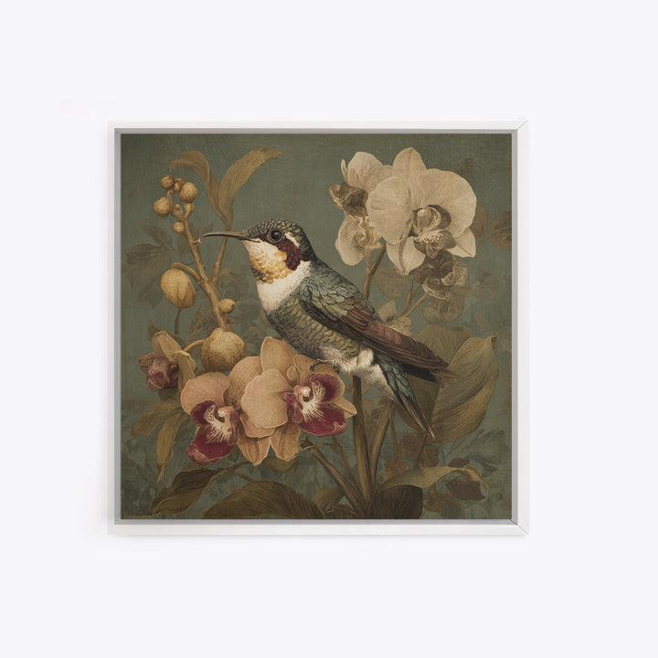 Orchid and Hummingbird Composition Canvas Print, Tropical Art, Boho Decor, Living Room Decor, Oil Painting, Tropic, Art Print, TRO-1x1-82