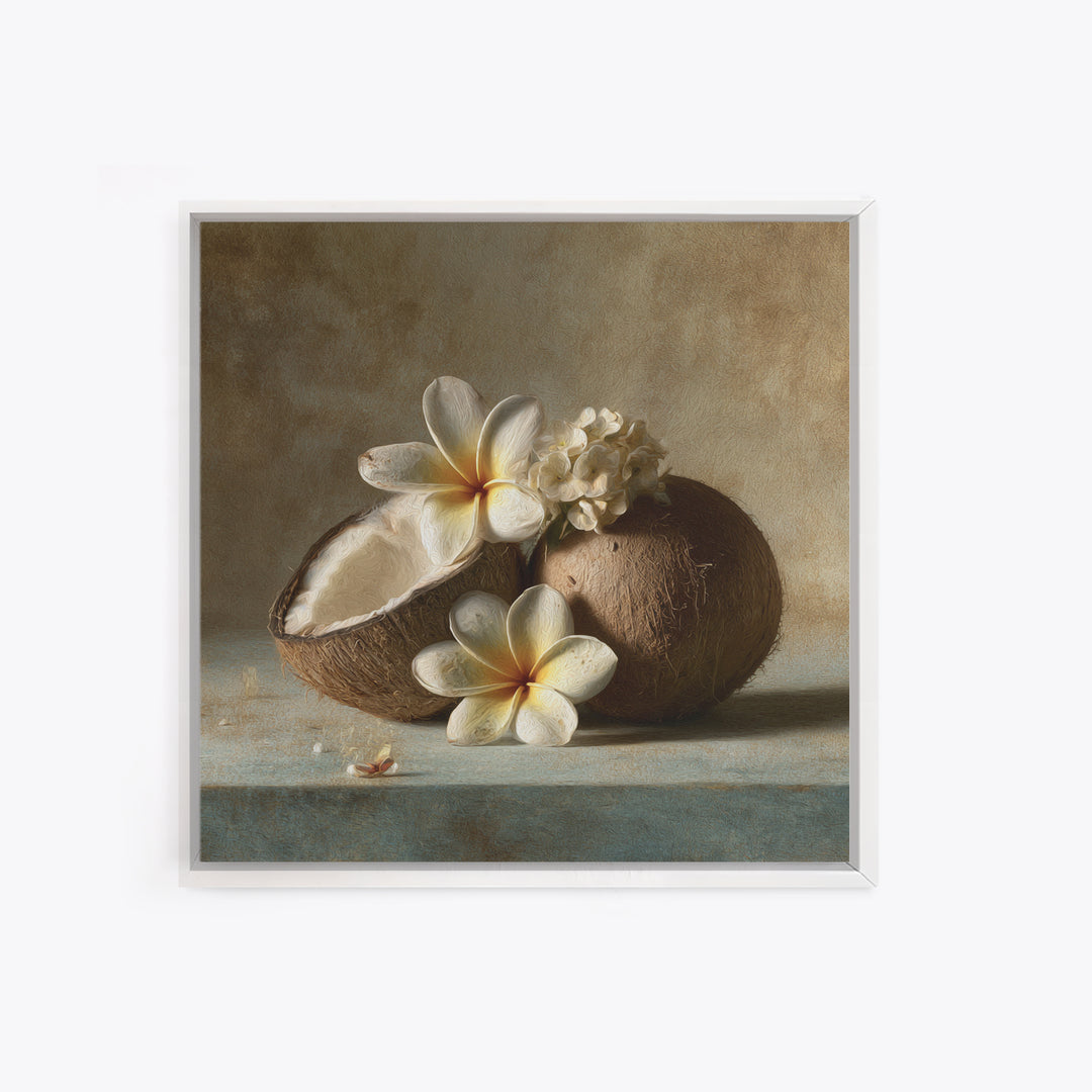 Coconut and Plumeria Still Life Framed Canvas Print, Tropical Art, Beach Print, Living Room Decor, Abstract Art, Tropic, TRO-1x1-84