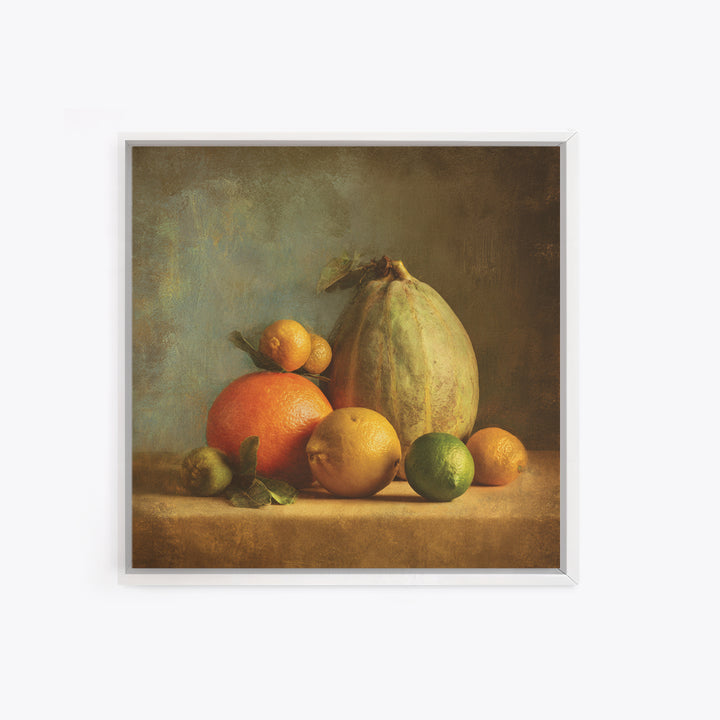 Bright Papaya and Lime Still Life Framed Canvas Print, Tropical Art, Art Print, Living Room Decor, Tropic, Abstract Painting, TRO-1x1-96