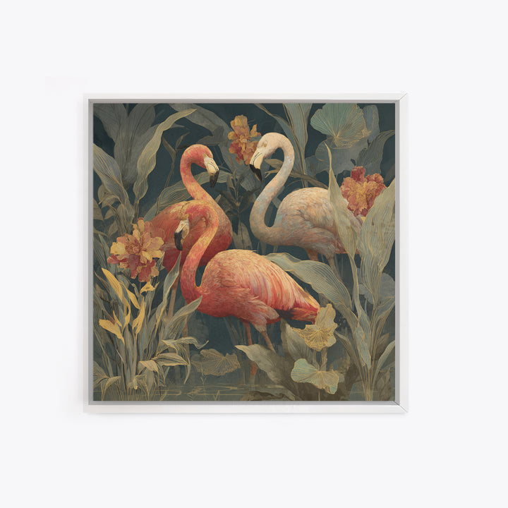 Pink Flamingos Among Tropical Water Plants Canvas Print, Tropical Art, Textured Painting, Living Room Decor, Fine Art, Tropic, TRO-1x1-98