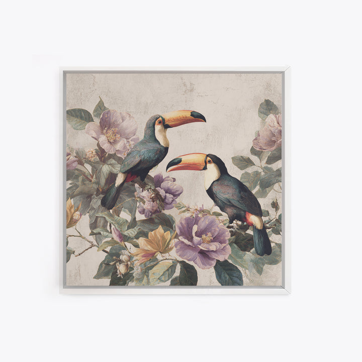 Toucans Surrounded by Bright Jungle Flowers Canvas Print, Tropical Art, Decor, Living Room Decor, Oil Painting, Tropic, TRO-1x1-99