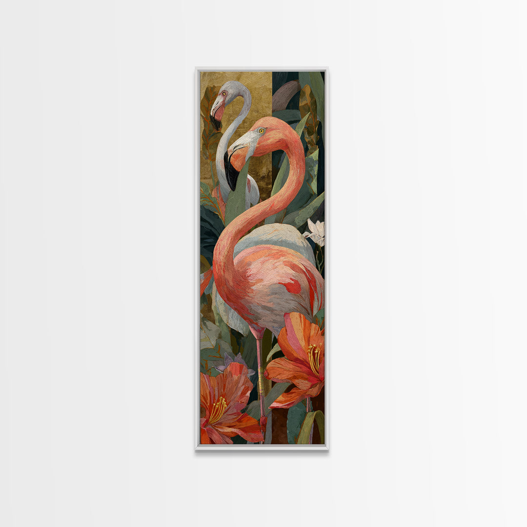 Pink Flamingos Among Tropical Water Plants Canvas Print, Tropical Art, Gallery Decor, Living Room Decor, Fine Art, Tropic, TRO-1x3-14