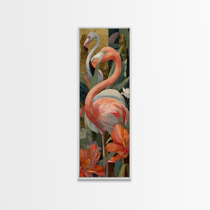 Pink Flamingos Among Tropical Water Plants Canvas Print, Tropical Art, Gallery Decor, Living Room Decor, Fine Art, Tropic, TRO-1x3-14