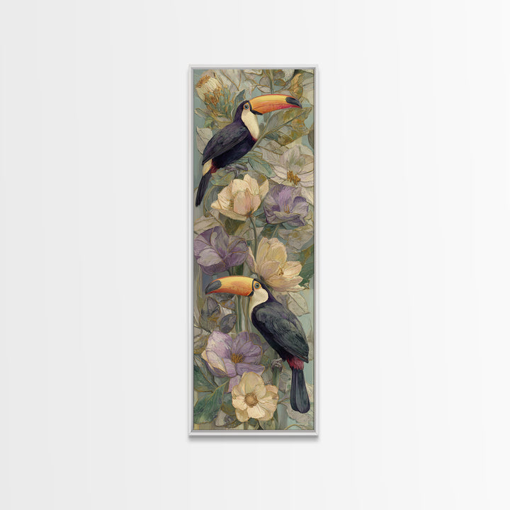 Toucans Surrounded by Bright Jungle Flowers Framed Canvas Print, Tropical Art, Printable Art, Living Room Decor, Tropic, TRO-1x3-15