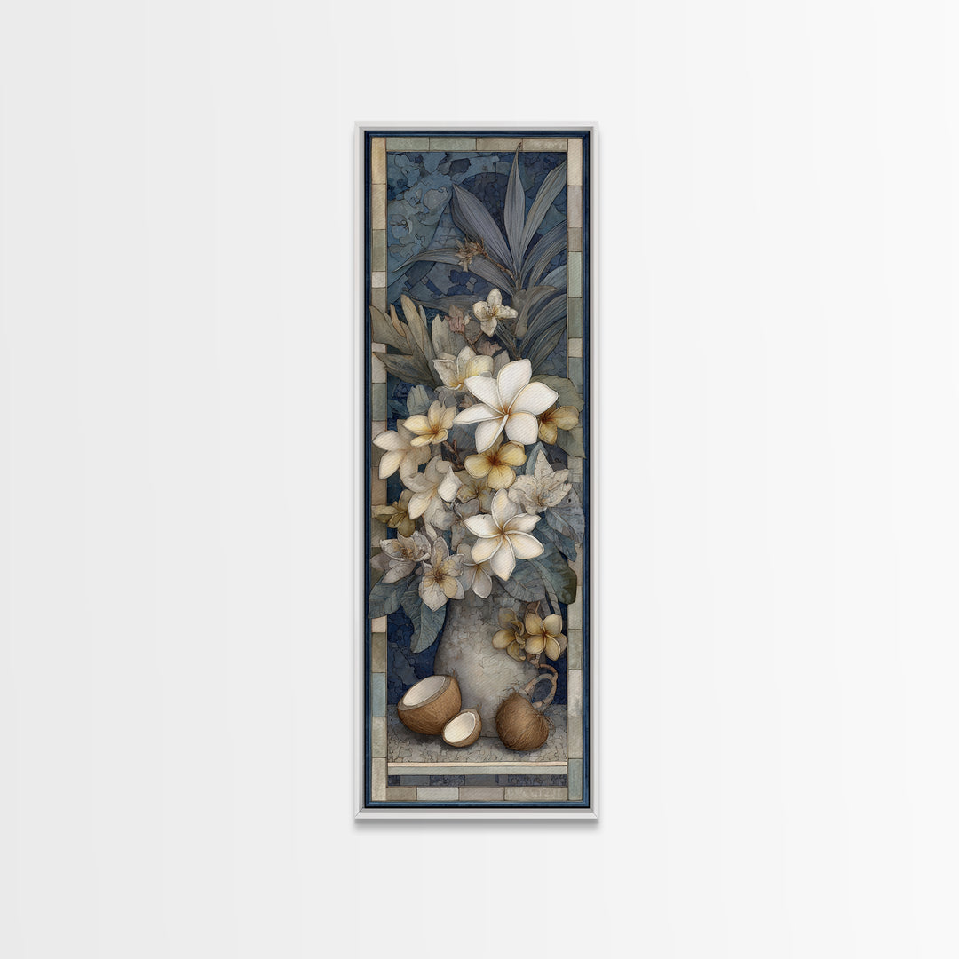 Coconut and Plumeria Still Life Framed Canvas Print, Tropical Art, Decor, Living Room Decor, Fine Art, Tropic, Bird Art, TRO-1x3-24