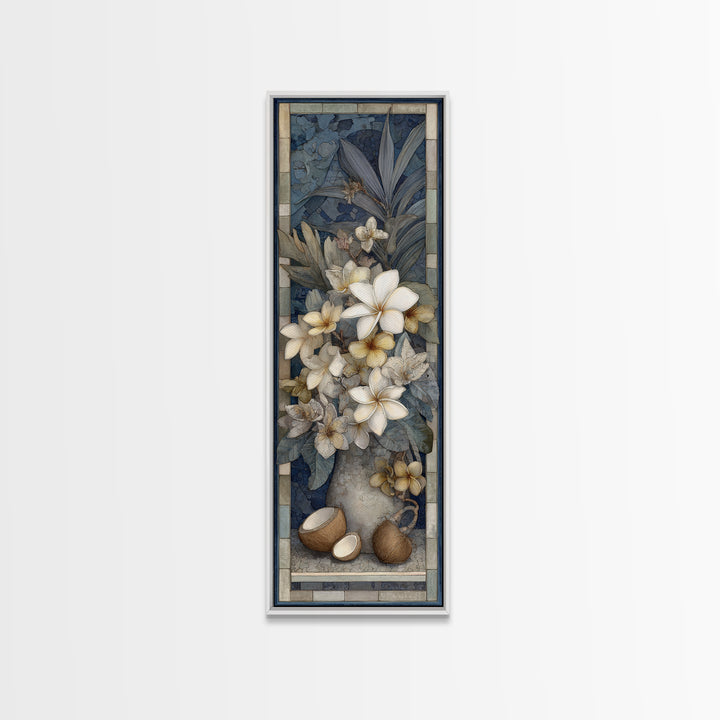 Coconut and Plumeria Still Life Framed Canvas Print, Tropical Art, Decor, Living Room Decor, Fine Art, Tropic, Bird Art, TRO-1x3-24