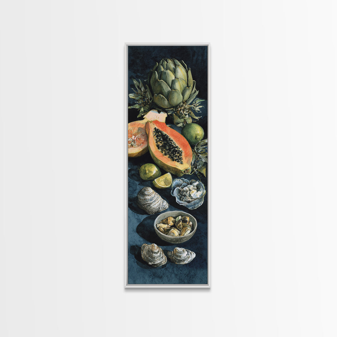 Bright Papaya and Lime Still Life Framed Canvas Print, Tropical Art, Art Print, Living Room Decor, Tropic, Abstract Painting, TRO-1x3-36