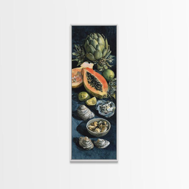 Bright Papaya and Lime Still Life Framed Canvas Print, Tropical Art, Art Print, Living Room Decor, Tropic, Abstract Painting, TRO-1x3-36