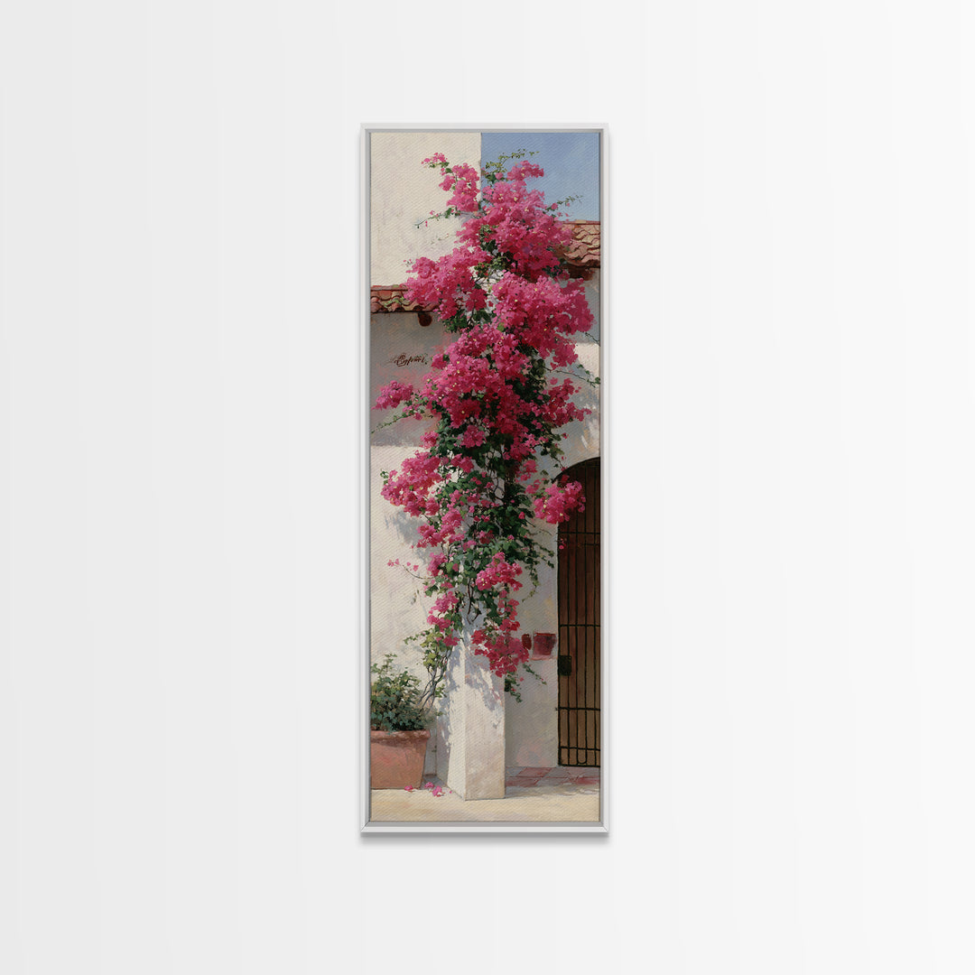 Pink Bougainvillea over White Wall Framed Canvas Print, Tropical Art, Minimalist Decor, Living Room Decor, Fine Art, Tropic, TRO-1x3-4