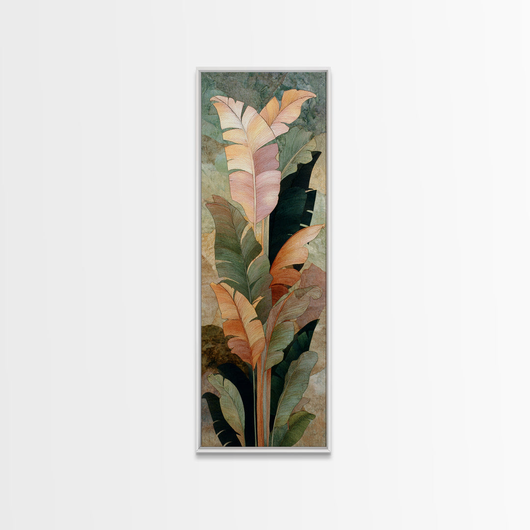 Banana Leaves Layered Framed Canvas Print, Tropical Art, Wall Art, Living Room Decor, Oil Painting, Tropic, Pink Wall Art, TRO-1x3-45