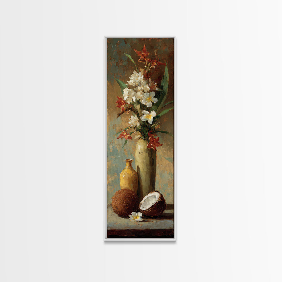 Coconut and Plumeria Still Life Canvas Print, Tropical Art, Printable Wall Art, Living Room Decor, Watercolor Art, Tropic, TRO-1x3-48