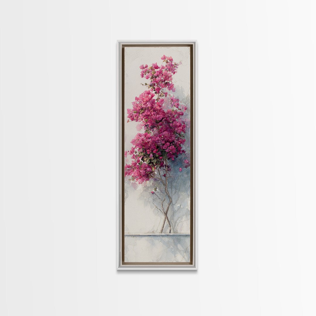 Pink Bougainvillea over White Wall Framed Canvas Print, Tropical Art, Wall Art Prints, Living Room Decor, Fine Art, Tropic, TRO-1x3-52
