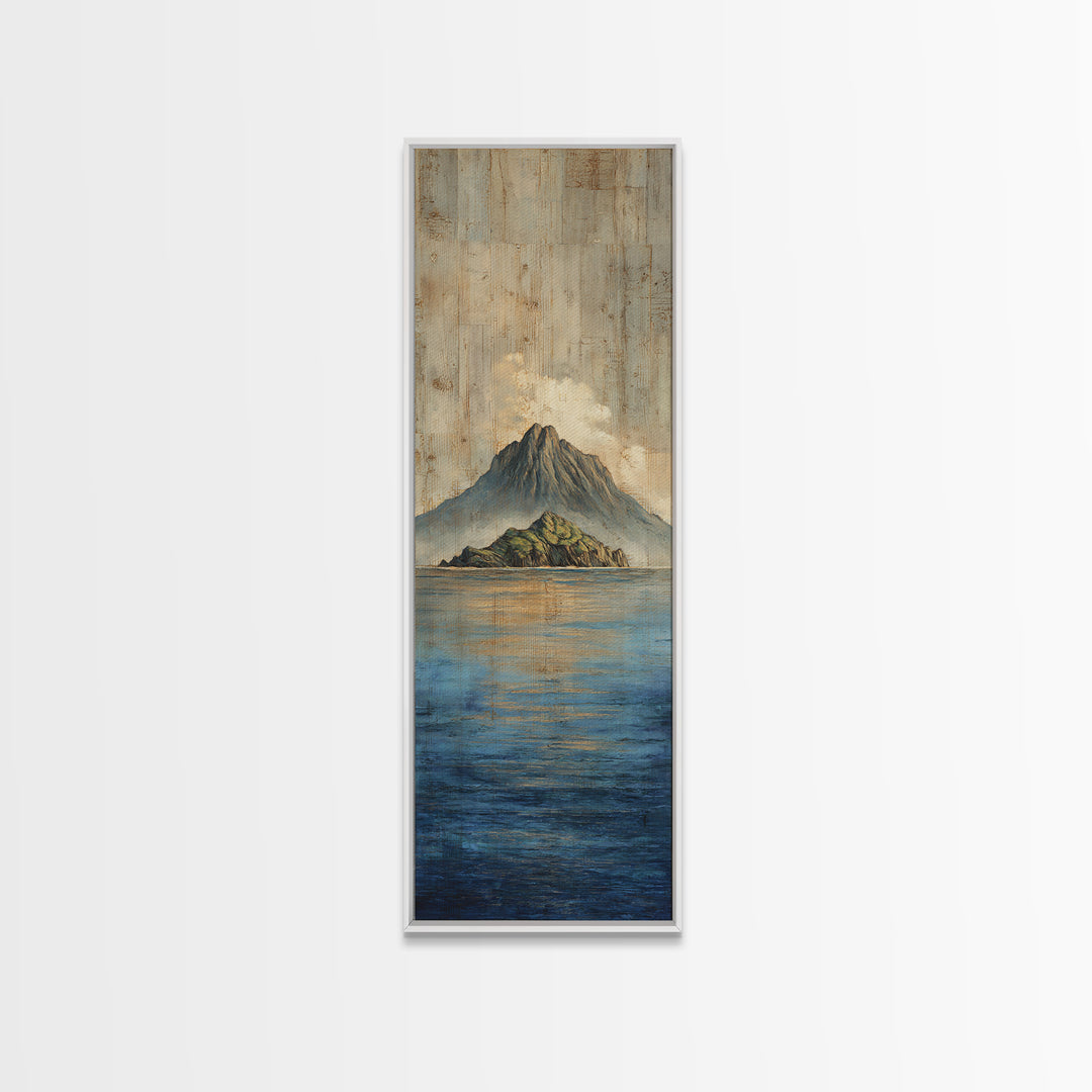 Island Volcano with Lush Foreground Framed Canvas Print, Tropical Art, Textured Painting, Living Room Decor, Fine Art, Tropic, TRO-1x3-53