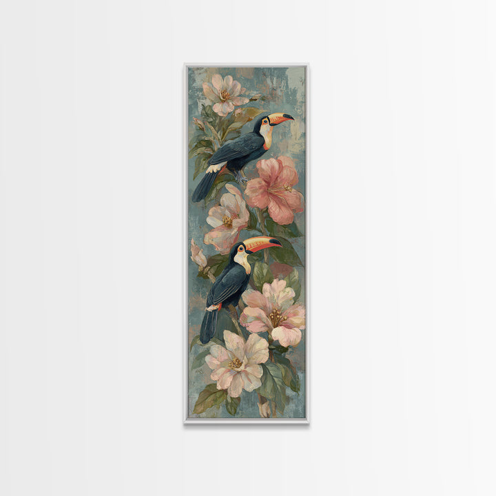 Toucans Surrounded by Bright Jungle Flowers Canvas Print, Tropical Art, Botanical Art, Living Room Decor, Watercolor Art, TRO-1x3-63