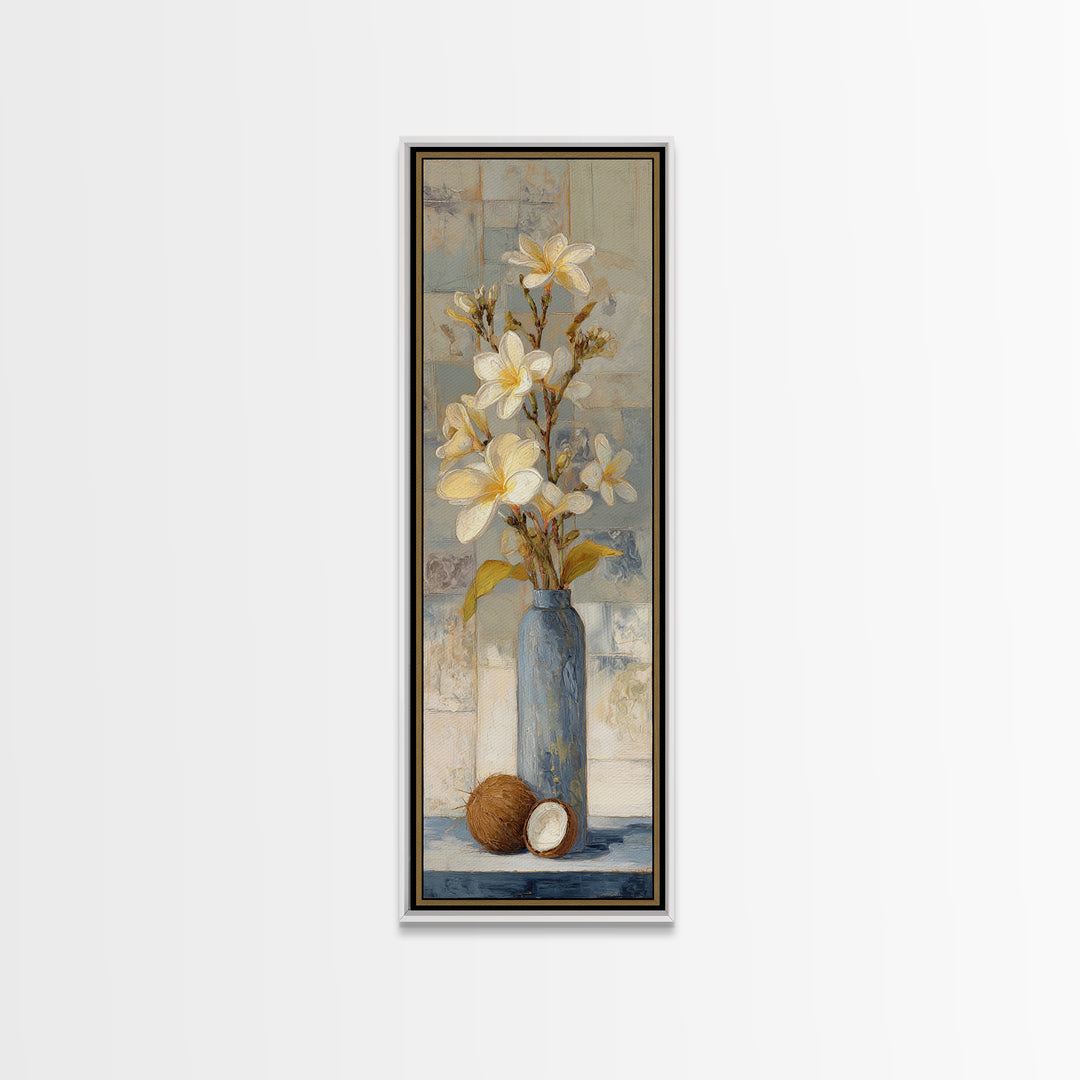 Coconut and Plumeria Still Life Canvas Print, Tropical Art, Coastal Decor, Living Room Decor, Fine Art, Tropic, Modern Decor, TRO-1x3-72