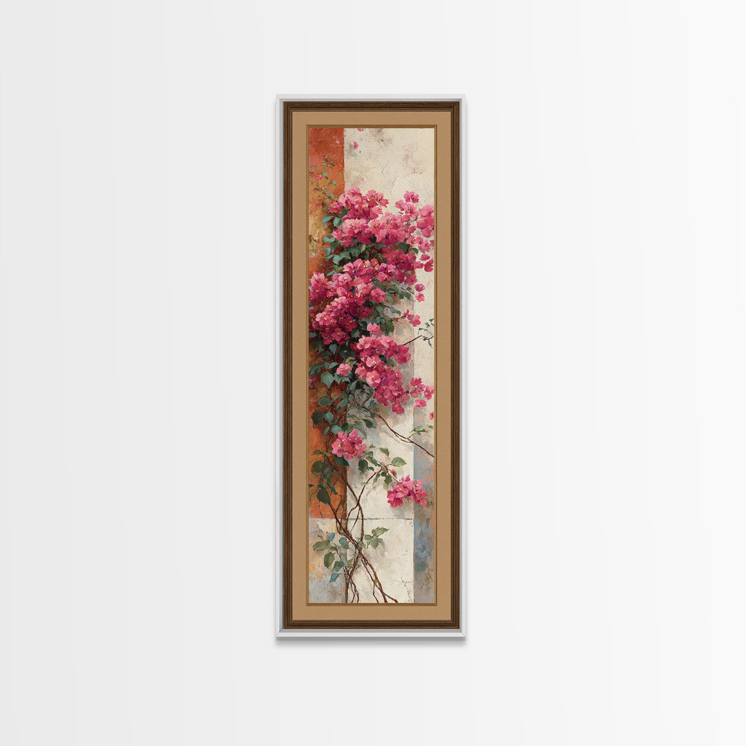 Pink Bougainvillea over White Wall Framed Canvas Print, Tropical Art, Beach Decor, Living Room Decor, Oil Painting, Tropic, TRO-1x3-76