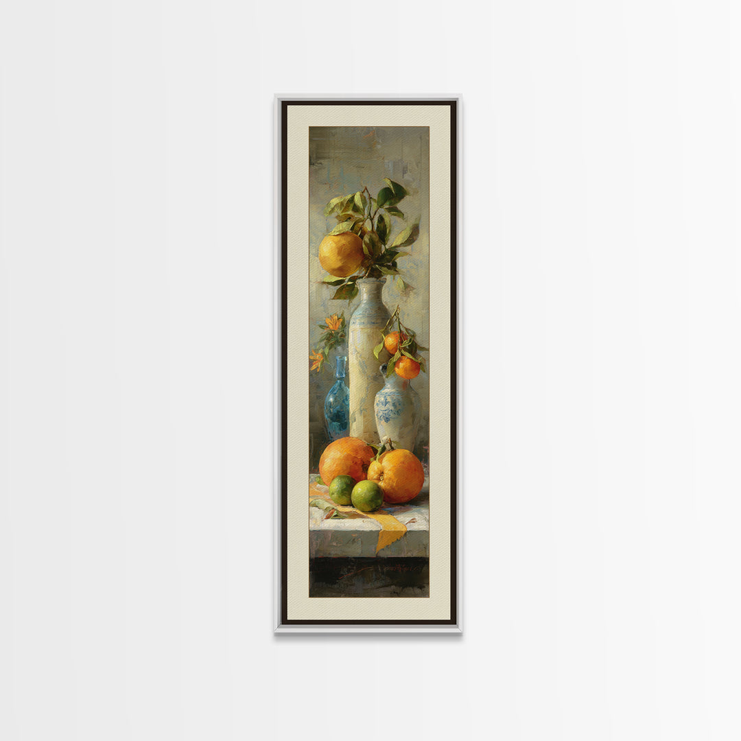 Bright Papaya and Lime Still Life Framed Canvas Print, Tropical Art, Coastal Wall Art, Living Room Decor, Fine Art, Tropic, TRO-1x3-84