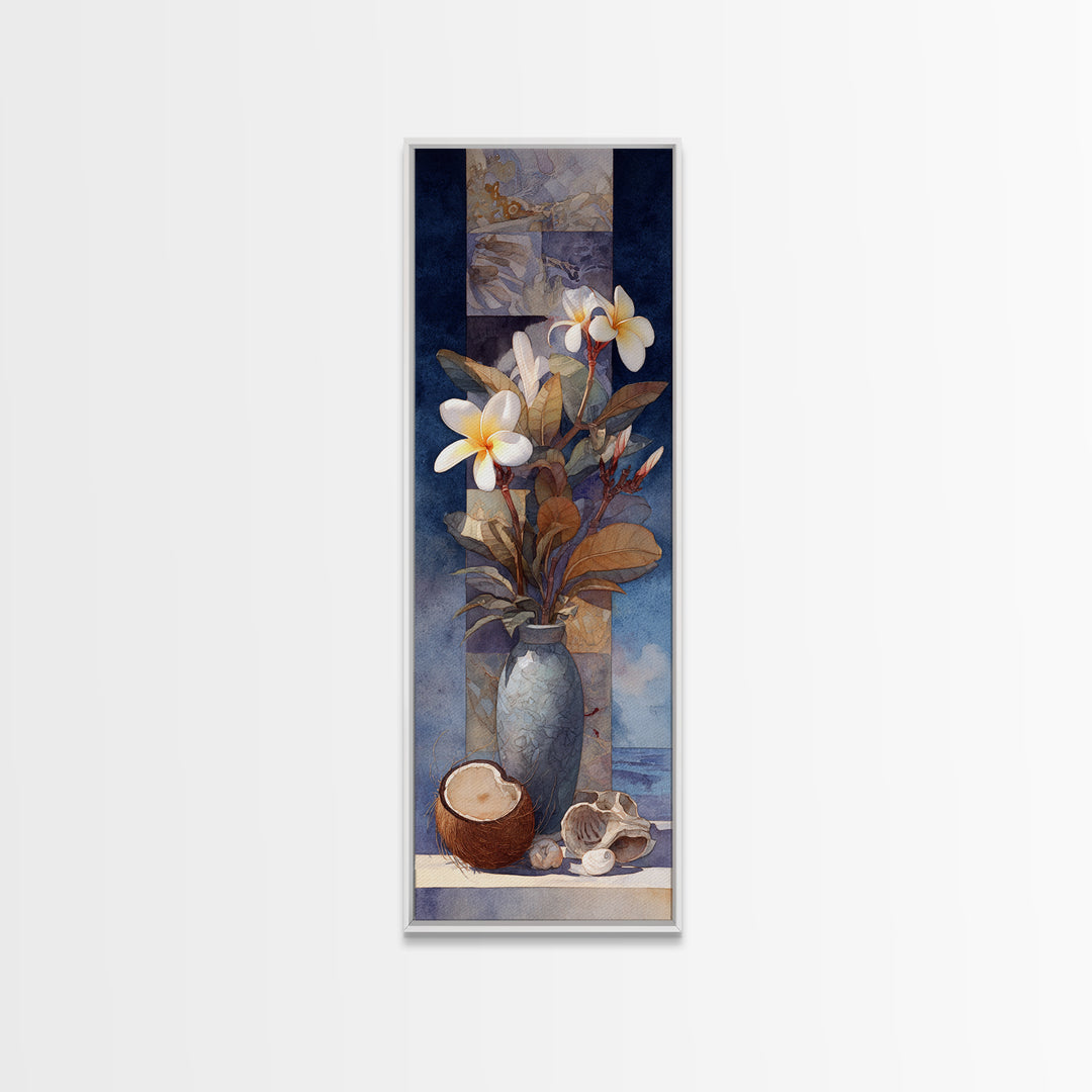 Coconut and Plumeria Still Life Framed Canvas Print, Tropical Art, Beach Print, Living Room Decor, Abstract Art, Tropic, TRO-1x3-96