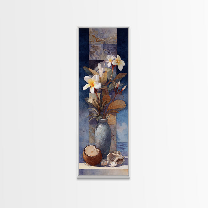 Coconut and Plumeria Still Life Framed Canvas Print, Tropical Art, Beach Print, Living Room Decor, Abstract Art, Tropic, TRO-1x3-96
