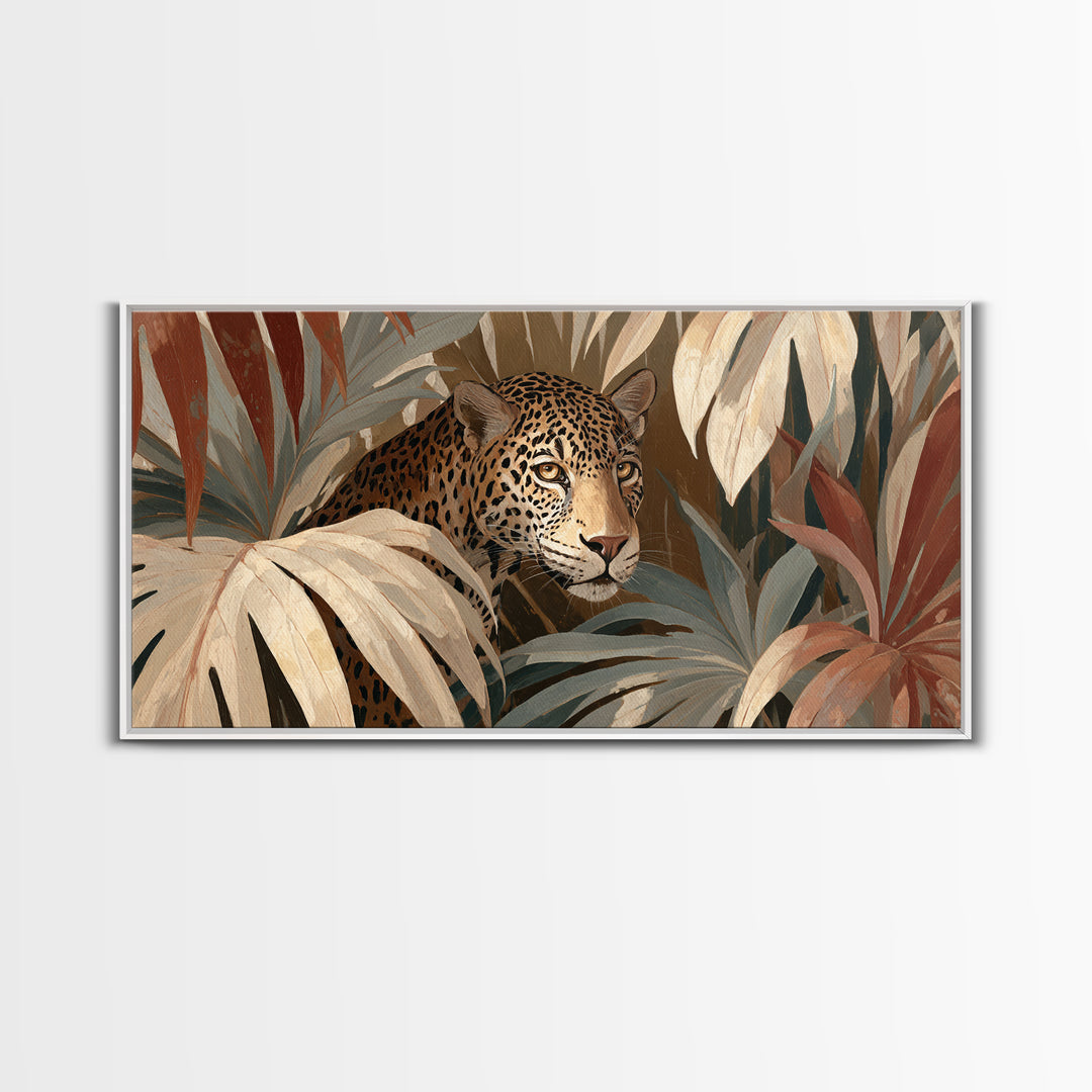 Leopard Hidden Among Palm Leaves Framed Canvas Print, Tropical Art, Contemporary Art, Living Room Decor, Fine Art, Tropic, TRO-2x1-10