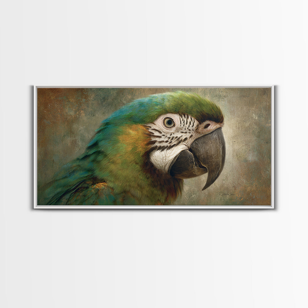 Parrot Portrait with Emerald Feathers Framed Canvas Print, Tropical Art, Beach Wall Art, Living Room Decor, Fine Art, Tropic, TRO-2x1-100