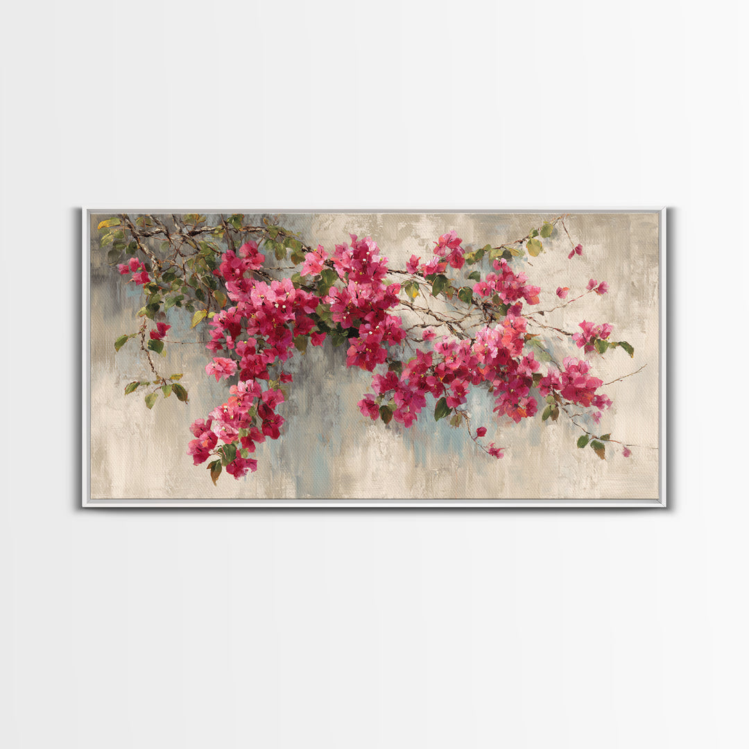 Pink Bougainvillea over White Wall Framed Canvas Print, Tropical Art, Room Decor, Living Room Decor, Fine Art, Tropic, TRO-2x1-12