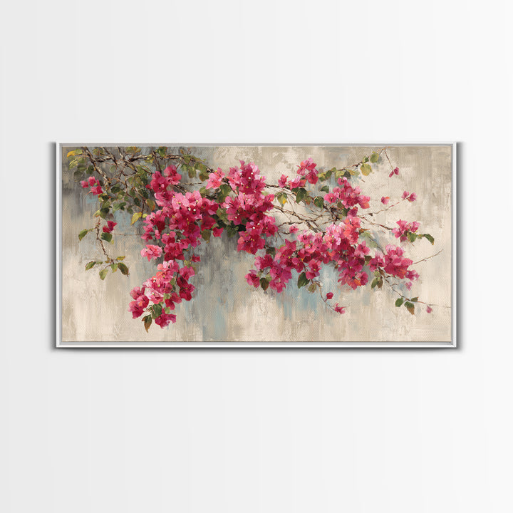 Pink Bougainvillea over White Wall Framed Canvas Print, Tropical Art, Room Decor, Living Room Decor, Fine Art, Tropic, TRO-2x1-12