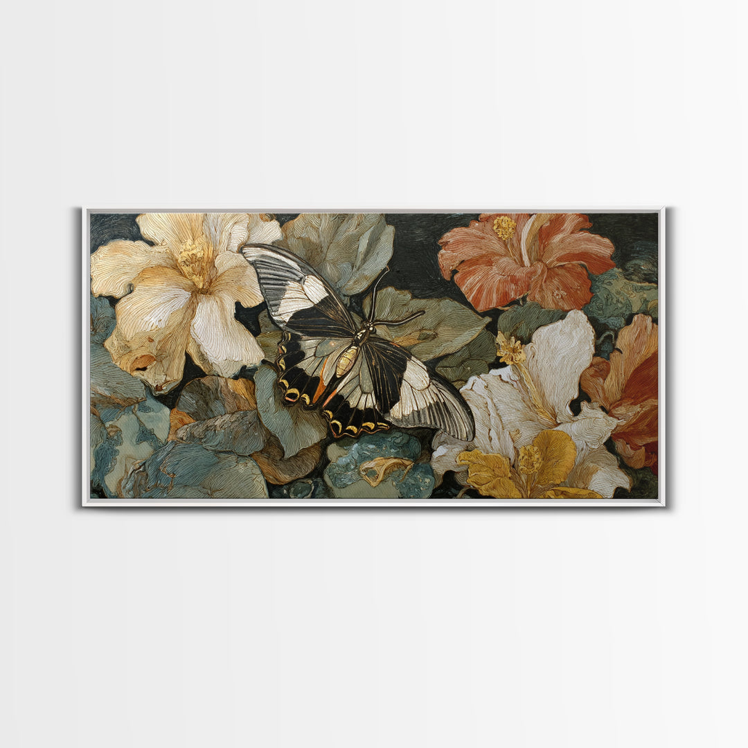 Tropical Butterfly and Flower Study Framed Canvas Print, Tropical Art, Whimsical Art, Living Room Decor, Watercolor Art, Tropic, TRO-2x1-19