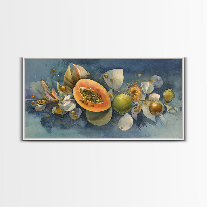 Bright Papaya and Lime Still Life Framed Canvas Print, Tropical Art, Statement Artwork, Living Room Decor, Fine Art, Tropic, TRO-2x1-20