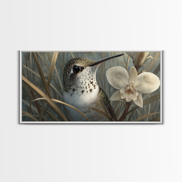 Orchid and Hummingbird Composition Framed Canvas Print, Tropical Art, Minimalist Decor, Living Room Decor, Fine Art, Tropic, TRO-2x1-30