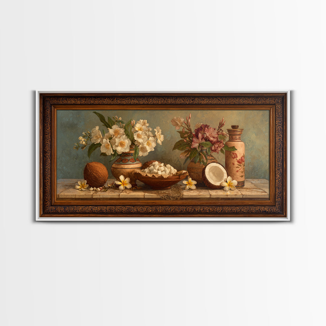 Coconut and Plumeria Still Life Canvas Print, Tropical Art, Wall Art, Living Room Decor, Oil Painting, Tropic, Pink Wall Art, TRO-2x1-32