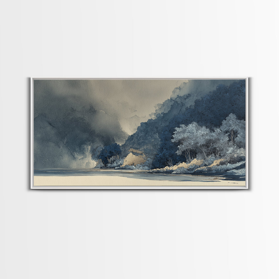 Jungle Waterfall with Misty Light Framed Canvas Print, Tropical Art, Digital Prints, Living Room Decor, Fine Art, Tropic, TRO-2x1-33