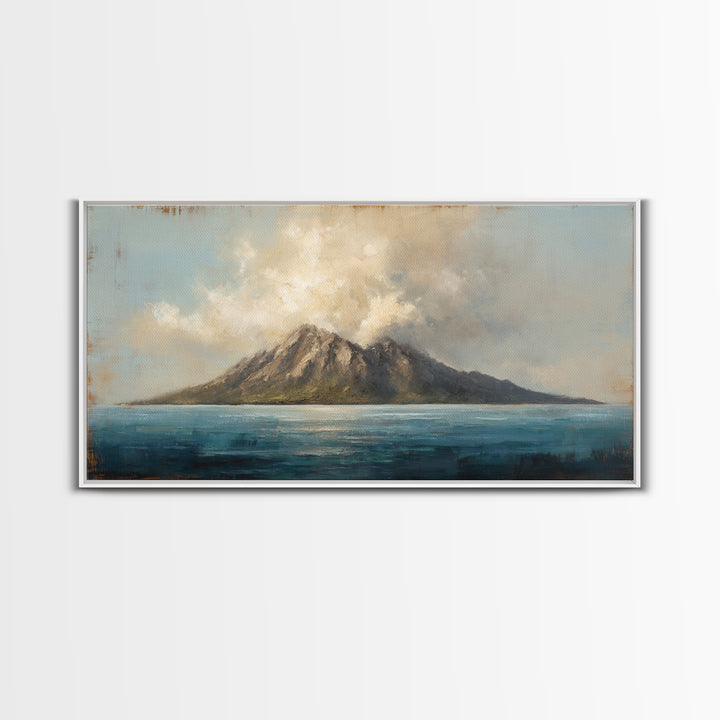 Island Volcano with Lush Foreground Framed Canvas Print, Tropical Art, Print, Living Room Decor, Tropic, Coastal Wall Art, TRO-2x1-37