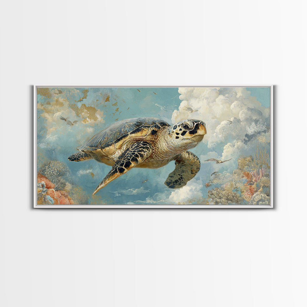 Sea Turtle Near Tropical Reef Canvas Print, Tropical Art, Digital Art, Living Room Decor, Oil Painting, Tropic, Watercolor Art, TRO-2x1-39