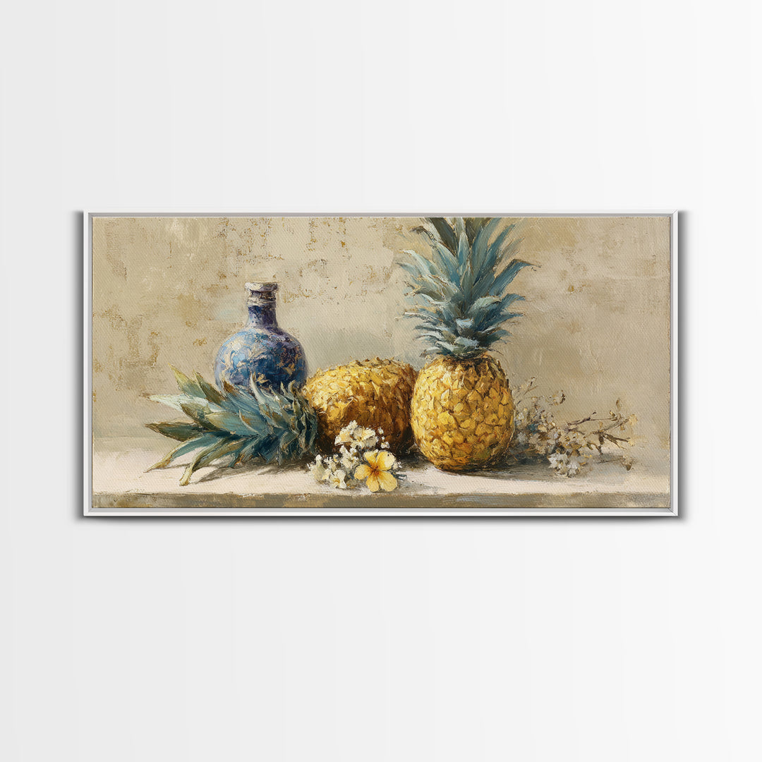 Pineapple and Palm Still Life Framed Canvas Print, Tropical Art, Decor, Living Room Decor, Fine Art, Tropic, Bird Art, TRO-2x1-50