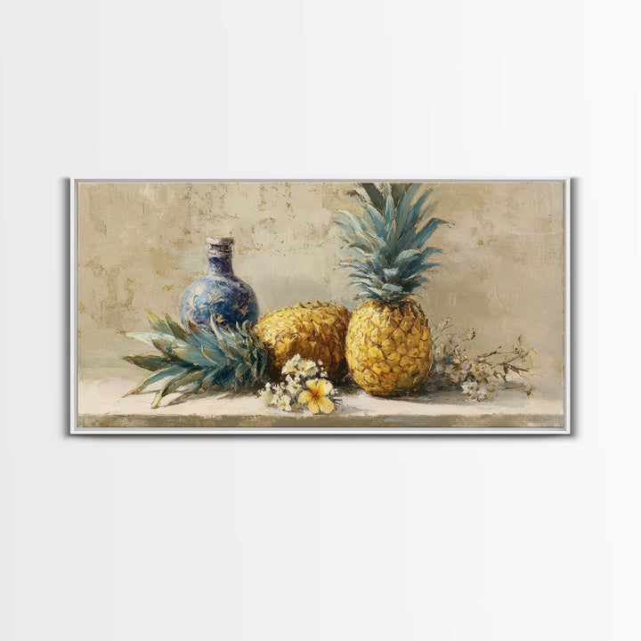 Pineapple and Palm Still Life Framed Canvas Print, Tropical Art, Decor, Living Room Decor, Fine Art, Tropic, Bird Art, TRO-2x1-50