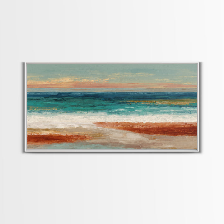 Tropical Lagoon with Turquoise Water Framed Canvas Print, Tropical Art, Bird Art, Living Room Decor, Watercolor Art, Tropic, TRO-2x1-51