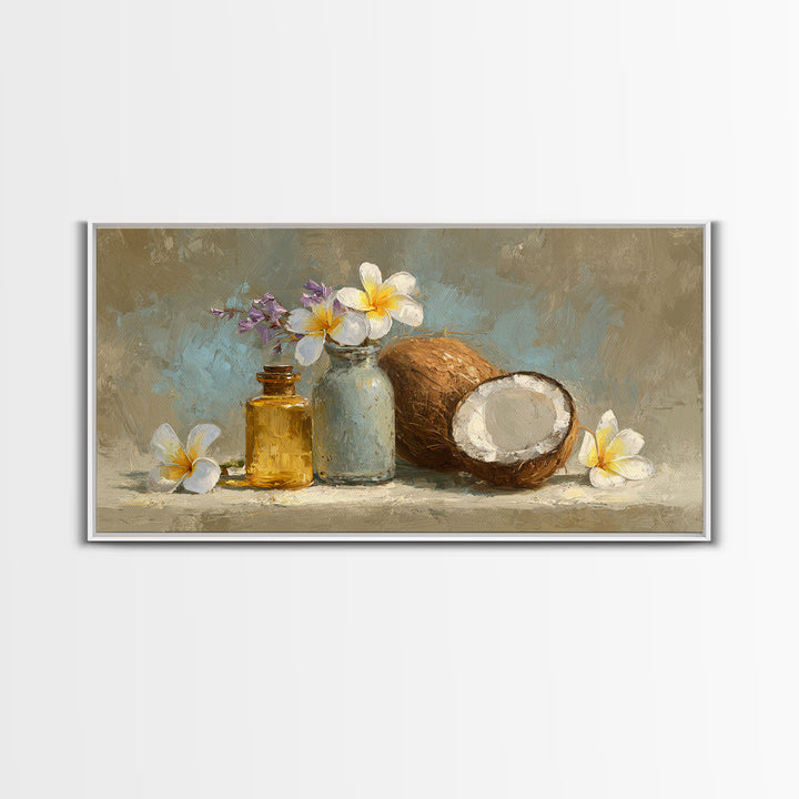 Coconut and Plumeria Still Life Framed Canvas Print, Tropical Art, Art Print, Living Room Decor, Tropic, Abstract Painting, TRO-2x1-56