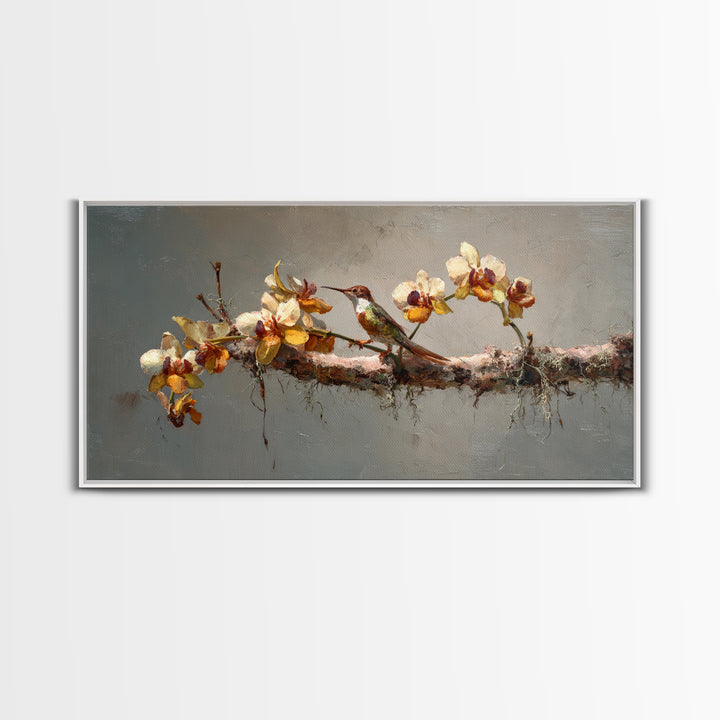 Orchid and Hummingbird Composition Framed Canvas Print, Tropical Art, Minimalist Decor, Living Room Decor, Fine Art, Tropic, TRO-2x1-6