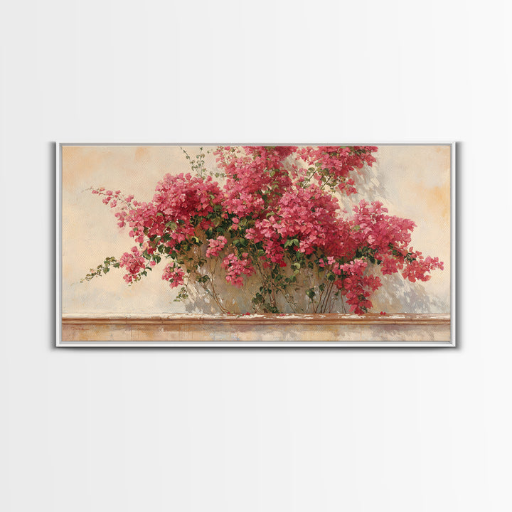 Pink Bougainvillea over White Wall Framed Canvas Print, Tropical Art, Digital Art, Living Room Decor, Oil Painting, Tropic, TRO-2x1-60