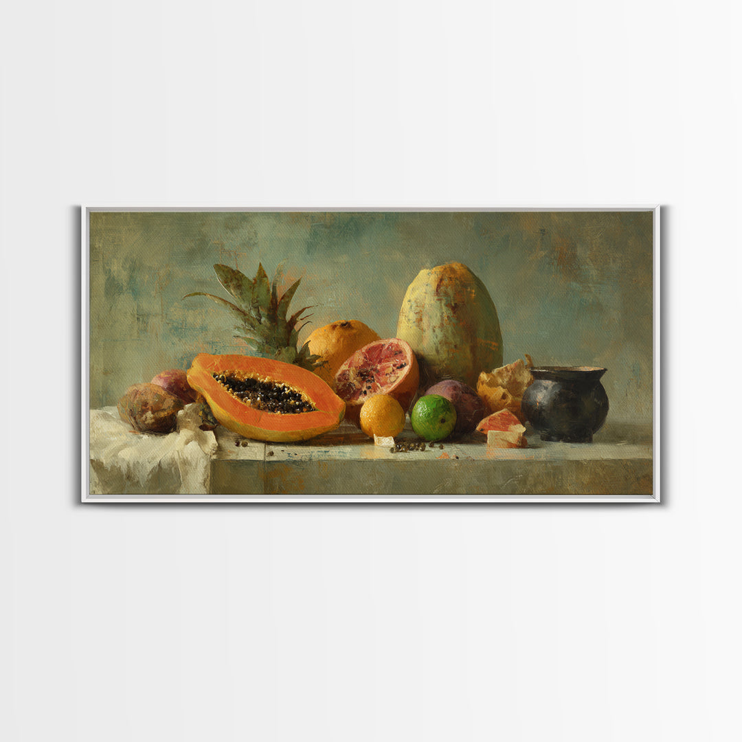 Bright Papaya and Lime Still Life Canvas Print, Tropical Art, Printable Wall Art, Living Room Decor, Watercolor Art, Tropic, TRO-2x1-68