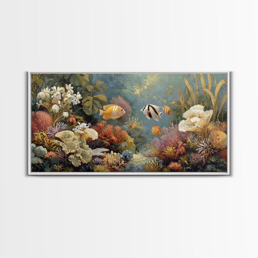 Tropical Fish over Coral Reef Framed Canvas Print, Tropical Art, Whimsical Art, Living Room Decor, Fine Art, Tropic, TRO-2x1-79