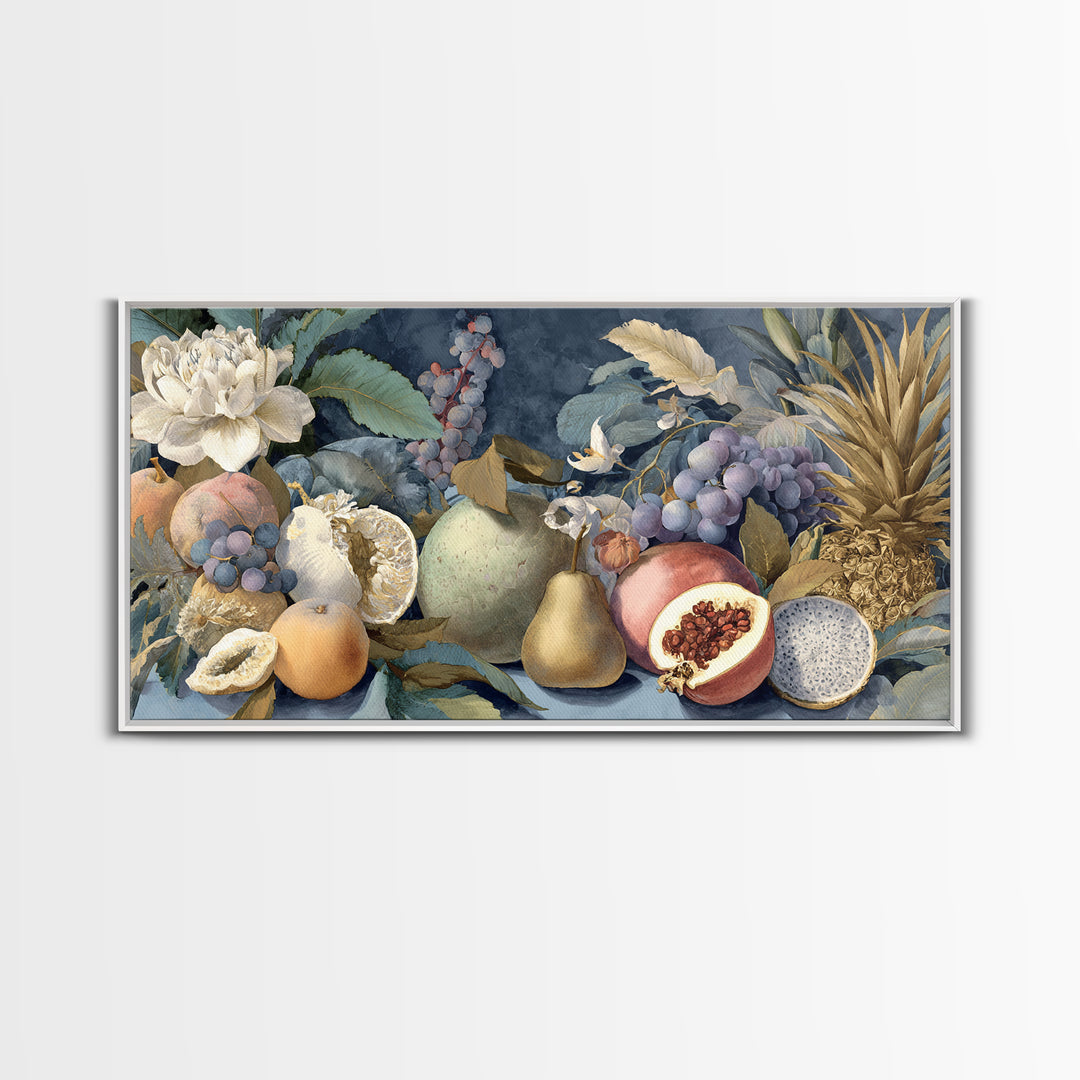 Tropical Fruit Market Arrangement Framed Canvas Print, Tropical Art, Decor, Living Room Decor, Fine Art, Tropic, Bird Art, TRO-2x1-83