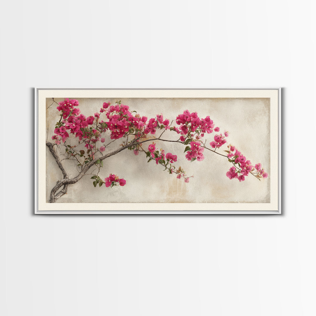 Pink Bougainvillea over White Wall Framed Canvas Print, Tropical Art, Abstract Painting, Living Room Decor, Fine Art, Tropic, TRO-2x1-84