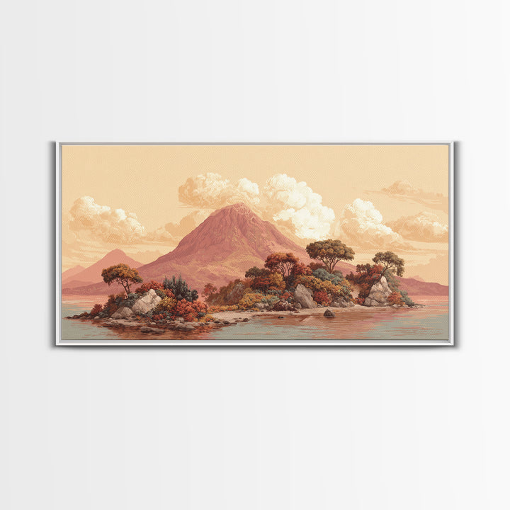 Island Volcano with Lush Foreground Framed Canvas Print, Tropical Art, Set of 3 Prints, Living Room Decor, Fine Art, Tropic, TRO-2x1-85