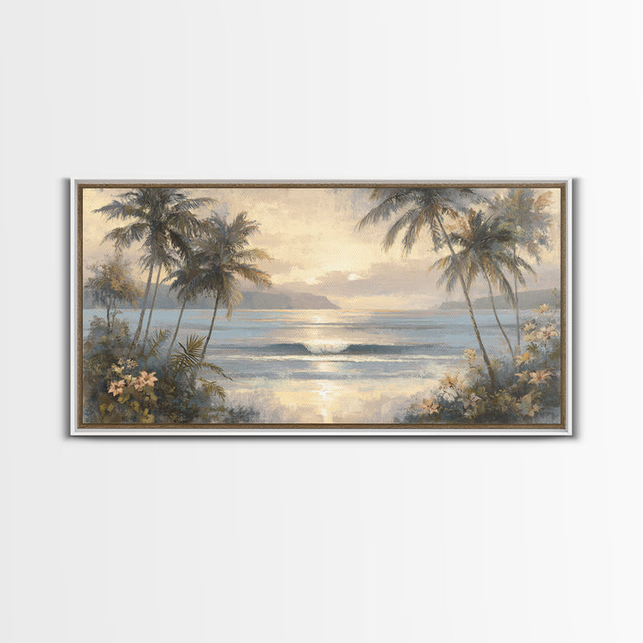 Sunset Surf Scene Framed Canvas Print, Tropical Art, Digital Art, Living Room Decor, Oil Painting, Tropic, Watercolor Art, TRO-2x1-90