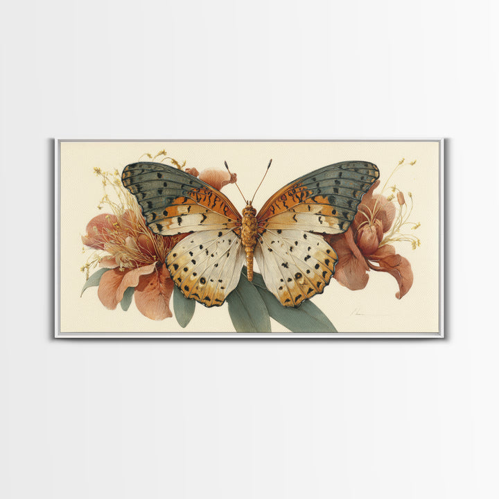 Tropical Butterfly and Flower Study Framed Canvas Print, Tropical Art, Digital Print, Living Room Decor, Fine Art, Tropic, TRO-2x1-91