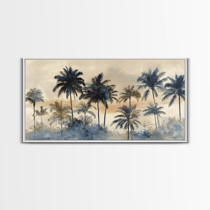 Palm Tree Silhouettes Framed Canvas Print, Tropical Art, Beach Decor, Living Room Decor, Oil Painting, Tropic, Fine Art Print, TRO-2x1-96